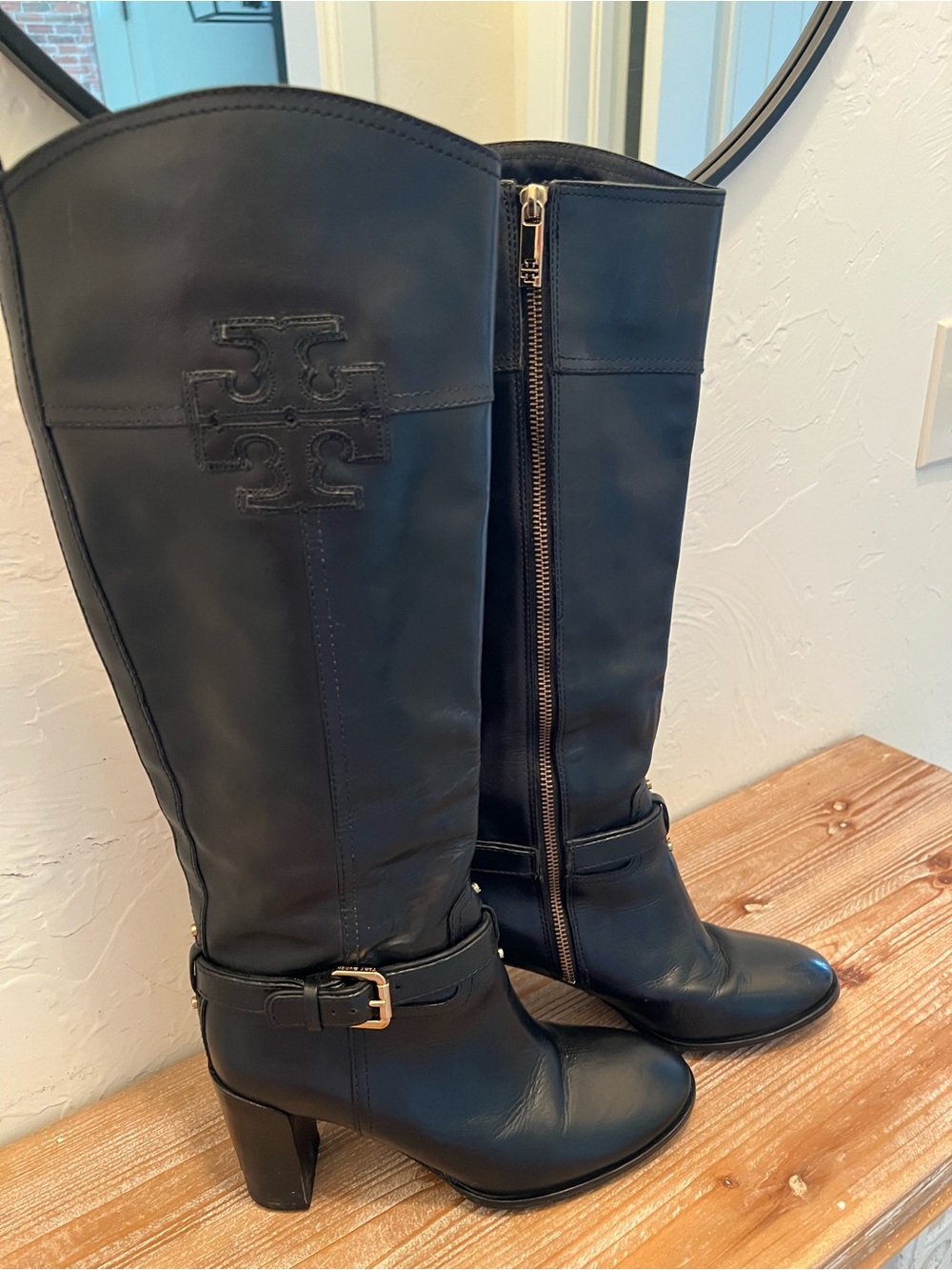 Tory Burch Black Leather Logo Knee High Boots. Size 8